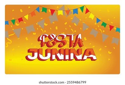 Brazil's vibrant Festa Junina with colorful flags and confetti. Annual celebration tradition in Latin America. Carnival party concept. Flat vector illustration.