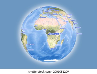 Brazzaville-Congo (Brazzaville) is shown on vector globe map. The map shows Brazzaville-Congo (Brazzaville) 's location in the world.