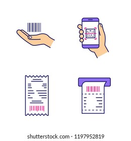 Brcodes color icons set. Linear barcode in hand, QR codes scanning app, cash receipt, ATM paper check. Isolated vector illustrations