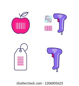 Brcodes color icons set. Product barcode, qr and linear codes scanner, hang tag, wireless handheld reader. Isolated vector illustrations