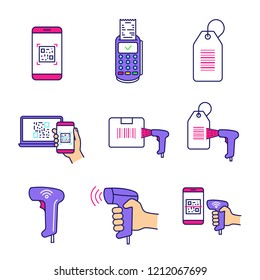 Brcodes color icons set. Smartphone barcode scanning app, paper receipt, hang tag, parcel bar code, handheld code scanner, reader. Isolated vector illustrations