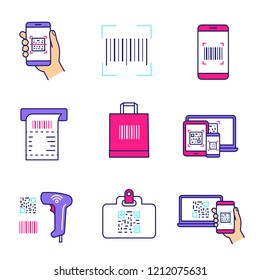 Brcodes color icons set. Smartphone barcode scanning app, linear code, ATM cash receipt, shopping bag, handheld barcode scanner, id badge, using QR codes. Isolated vector illustrations