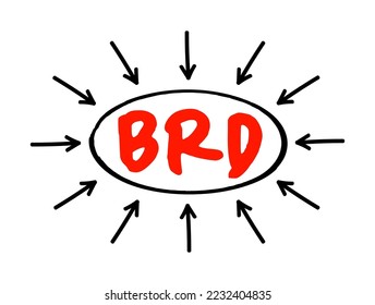BRD Business Requirements Document - formal document that outlines the goals and expectations an organization hopes to achieve, acronym text with arrows