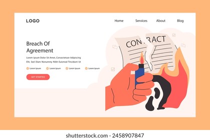 Breach of contract web banner or landing page. Business deal or agreement. Business partners interests and obligations. Paper terms and conditions. Flat vector illustration