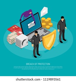 Breach Of Protection Isometric Concept With Fraud Hacking Computer 3d Vector Illustration