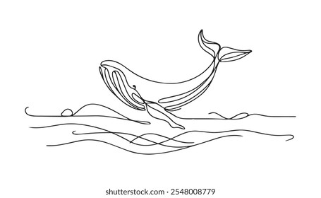 Breaching Humpback whale drawing in one continuous line