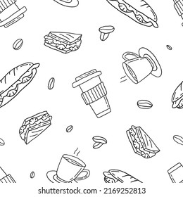 Breackfast seamless pattern. Coffee cup, beans, sandwiches. Food and drink. Hand drawn line vector illustration.