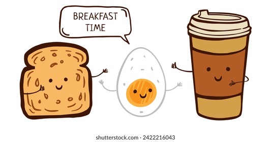 Breackfast time poster with boiled egg, cup of coffee away, toast funny characters. Cartoon illustration for greeting card, poster, sticker, t-shirt print, menu, cookbook, recipe design