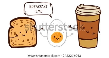 Breackfast time poster with boiled egg, cup of coffee away, toast funny characters. Cartoon illustration for greeting card, poster, sticker, t-shirt print, menu, cookbook, recipe design