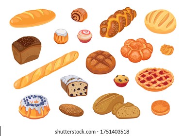 Bread assortment flat icon set. Cartoon bun, pretzel, cakes, baguette, bagel, whole grain bread isolated vector illustration collection. Bakery concept