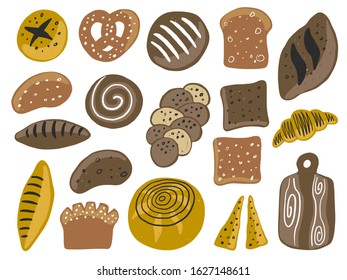 Bread assortment hand drawn illustrations set. Grunge style bakery elements. Grocery store assortment. Colored products variety pack. Rye, curry bread, focaccia. Toast, french baguette.