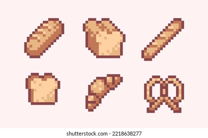 Bread assortment pixel art set. Baked bun, baguette and croissant collection. Sliced sandwich toast. 8 bit sprite. Game development, mobile app.  Isolated vector illustration.