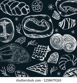 bread background, chalk on black Board, vector illustration, hand drawing