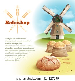 Bread background with old style country windmill and wheat harvest vector illustration