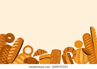 Bread background. Vintage bakery banner with bagels croissants baguette, traditional food assortment, crusty baked nutrition concept. Vector illustration. Pastry fresh and tasty items