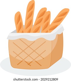 Pan en una bolsa. Pan, Baguette en el paquete. Ilustración vectorial, imagen clip