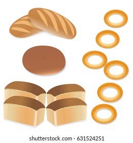 The bread and bagels on a white background
