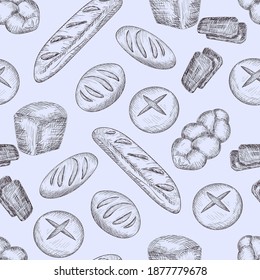 Bread, baguette, loaf. Bakery products. Baking food isolated illustration. Hand drawn buns doodle seamless pattern. Background of pencil chalk drawing sketches. Graphics, shading, line art.