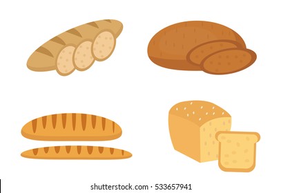 Bread, baguette, loaf set. Bakery products collection. Flat design, isolated on white background. Vector illustration, clip art