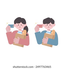 Bread baguette milk shop credit card  man woman illustration