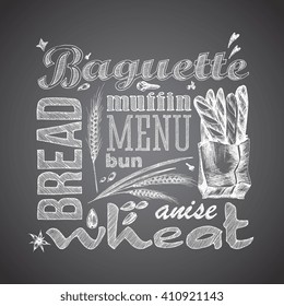 Bread, baguettes package. Letter design hand drawn vector isolated for bakery shop, confectionery. Vector sketch different words and elements for baking and sweet themes. Chalkboard style.