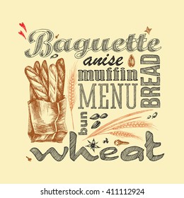 Bread, baguettes package. Letter design hand drawn vector isolated for bakery shop, confectionery. Vector sketch different words and elements for baking and sweet themes.