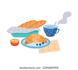 Bread and Baked Croissant with Cup of Tea as Tasty Breakfast or Brunch with Typical Food Vector Illustration