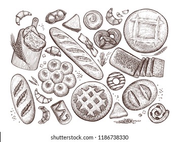 Bread, baked goods sketch. Bakery, bakeshop, food concept. Vintage vector illustration