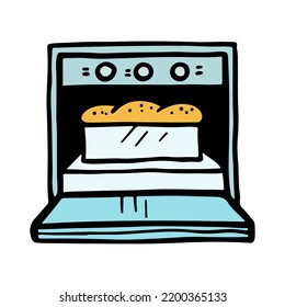 Brot im Ofen gebacken. Handgezeichnete Vektorgrafik.