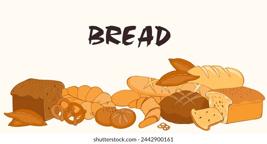 Bread and bakery background design perfect for bake shop and food or flour packaging, hand drawn vector illustration isolated on white background. Pastries and bread.