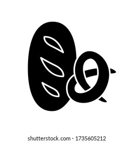 Bread and bakery black glyph icon. Fresh wheat loaf. Pretzel with crust. Bun for eating. Nutrition and dietary. Supermarket category. Silhouette symbol on white space. Vector isolated illustration