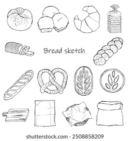 Bread and bakery bun Sketch vector illustration, hand drawn baguette products menu, food container linear.