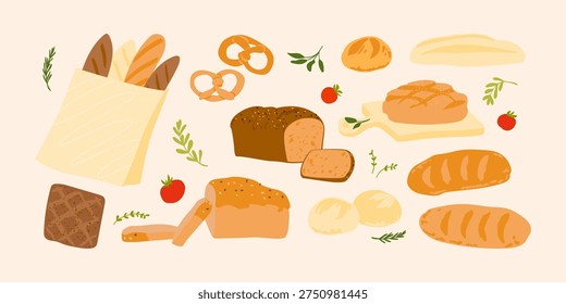 Bread and bakery collection. Whole grain, ciabatta, brown homemade, white wheat bread, pretzel,  baguette, loaf, bun. Vector illustration isolated set.