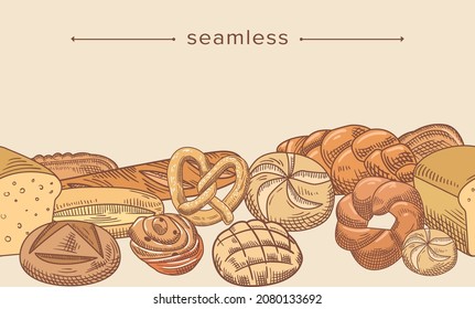 Bread and Bakery Doodle Frame, Sketch Baked Food Loaf, Rye or Wheat Bread and Pretzel. Braided Buns and French Baguette Engraving Retro Pastry Shop Assortment Colorful Line Art Vector Illustration