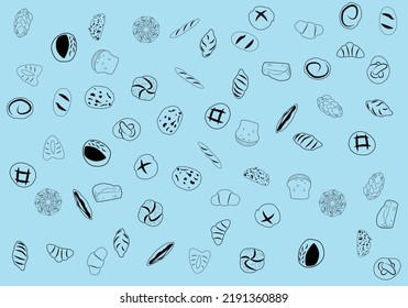 Bread And Bakery Doodle Pattern. Baked Goods Background. Vector Illustration.