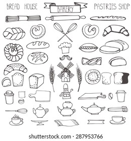 Bread bakery Doodle vector.Pastries  icons set.Linear utensils,tableware, cookware vintage elements for logo,label,menu,cafe shop. Flat hand drawn isolated items.