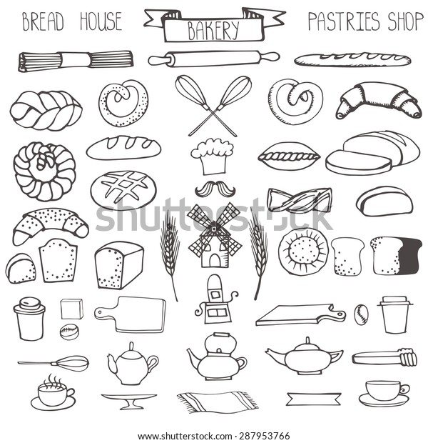 Bread Bakery Doodle Vectorpastries Icons Setlinear Stock Vector ...