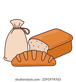 Bread Bakery Drawn Craft hand made Product. Doodle Bread Symbol Isolated on White. Outline Healthy fresh Food Business Symbol Icon.  Gluten Wheat Dessert. Morning Breakfast Sweet and Tasty Theme.