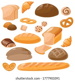 Bread, bakery food buns and bagels, vector icons