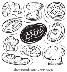 Bread and Bakery Food Hand Drawn Doodle icon set. simple and trendy Sketch Vector illustration

