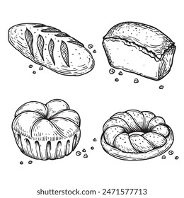 Pan y panadería. Iconos dibujados a mano. Bollos trenzados, pan, pan y pan. Retro surtido de panadería. Ilustraciones vectoriales.