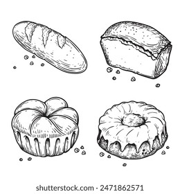 Bread and bakery food. Hand drawn sketch icons. Braided buns, bread, bun and loaf. Retro bakery shop assortment. vector illustrations.