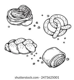 Pan y panadería. Iconos dibujados a mano. Bollos trenzados, pretzel y hogazas. Surtido retro de panadería. Ilustraciones vectoriales.