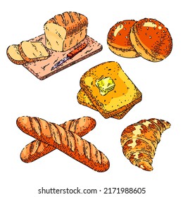 bread bakery food set hand drawn vector. pastry loaf, flour bun, whead croussant, breakfast toast, french bake bread bakery food sketch. isolated color illustration