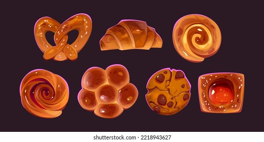 Bread, bakery, fresh pastry isolated set. Croissant, bun, cinnabon and chocolate cookie with pretzel confectionery sweet dessert, baked food, patisserie production menu, Cartoon vector illustration