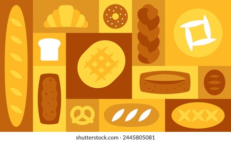 Bread and bakery, geometric pattern. Modern geometric background with different types of bread- white grain bread, challah, baguette, ciabatta, brown, multigrain, pretzel, croissant. Bauhaus style