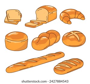 Bread, bakery hand drawn illustrations, set of vector drawings.