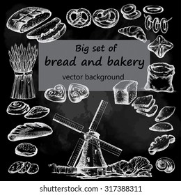 Bread and bakery. Hand drawn set. Chalkboard background.