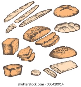 Bread and bakery.  Hand-drawn illustration, vector-colored, easily editable.