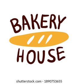Bread and bakery house logo and icon with lettering. Flat Bagel and croissant and baguette silhouettes with signs for pastry food shop. Food of dough and flour badges vector isolated